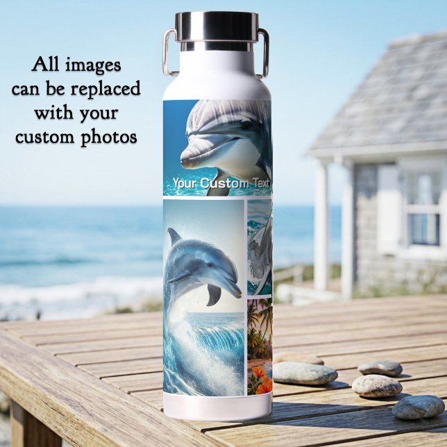 Custom 5 Photo Collage Dolphin Ocean Water Bottle (Insulated water bottle featuring a beautiful dolphin and beach collage layout or your custom photos)