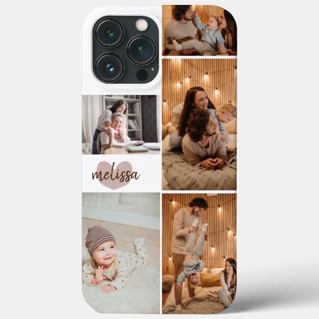 Custom 5 Photos Cute Heart Script Name White Case-Mate iPhone Case (Back)