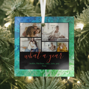 Custom 5 Photos Typography New Year Holiday Glass Ornament