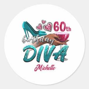 Custom 60th Birthday African American Black Diva Classic Round Sticker