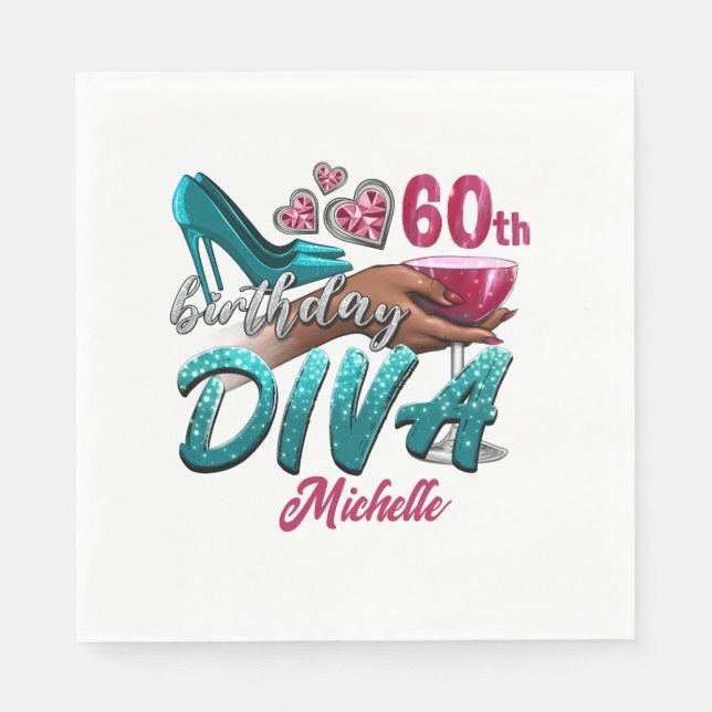 Custom 60th Birthday African American Woman Diva Napkin (Front)