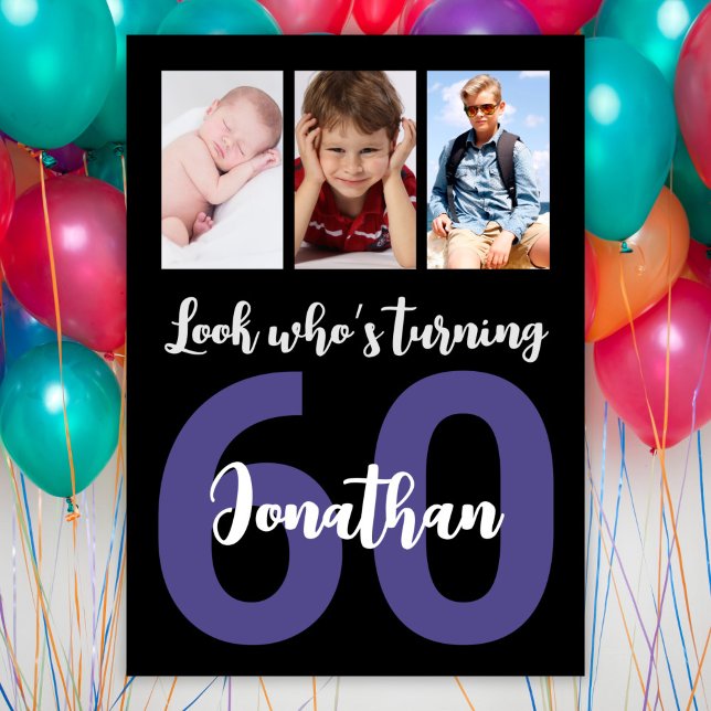Custom 60th Birthday Black Modern Photo Collage Invitation (Creator Uploaded)