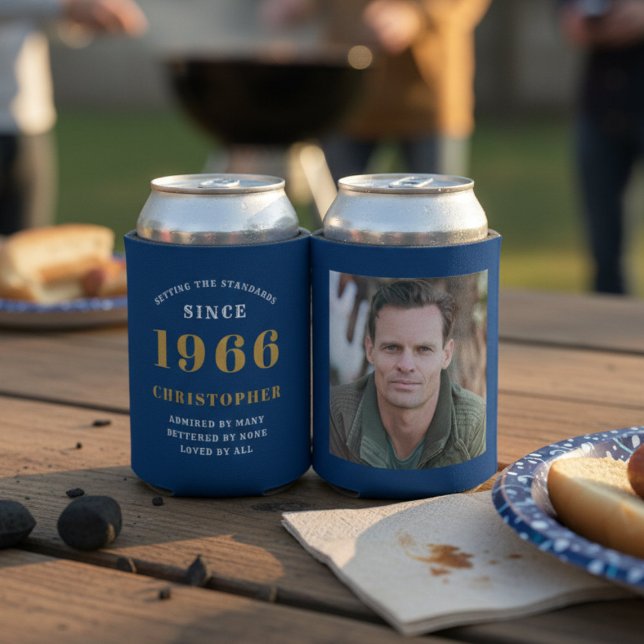 Custom 60th Birthday Blue Gold With Photo Can Cooler (60th birthday can coolers showing front and rear.)