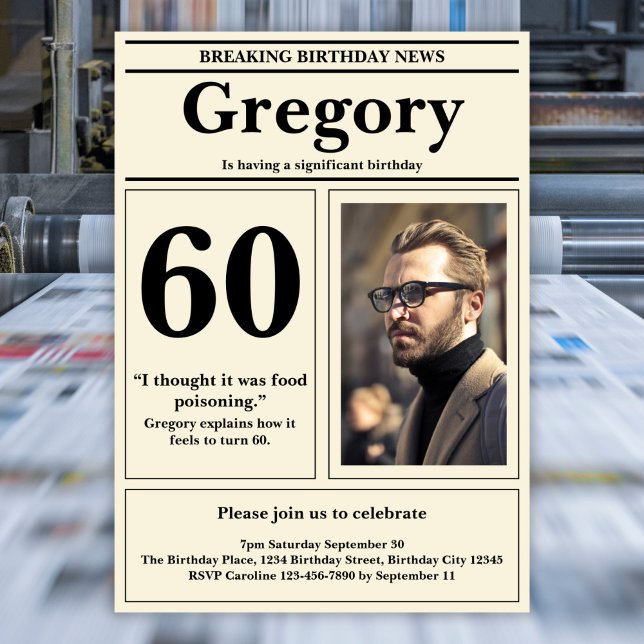 Custom 60th Birthday Funny Quote Retro Newspaper Invitation (Creator Uploaded)
