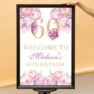 Custom 60th Birthday Gold Glitter Pink Peonies Poster