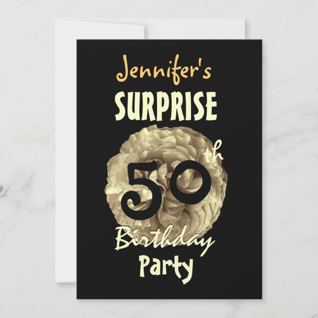 Custom 60th SURPRISE Birthday Frilly Gold Rose Invitation (Front)
