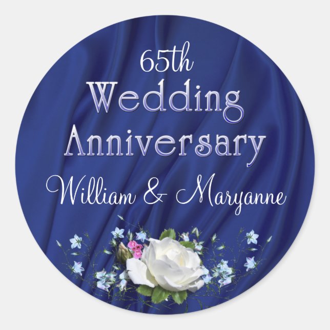 Custom 65th White Rose Anniversary Party Classic Round Sticker (Front)