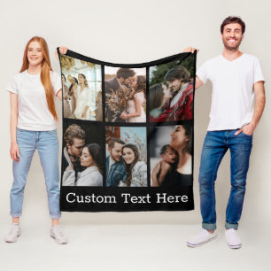 Custom 6 Family Photo Collage Custom Text Black Fleece Blanket