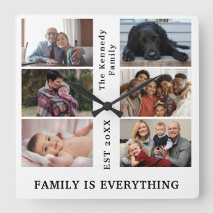 Custom 6 Family photo collage with Family name Square Wall Clock