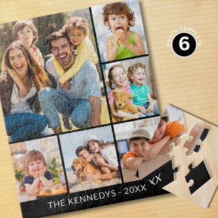 Custom 6 Photo Collage Family Name Minimalist  Jigsaw Puzzle