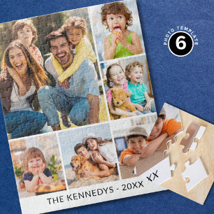 Custom 6 Photo Collage Family Name Simple White Jigsaw Puzzle