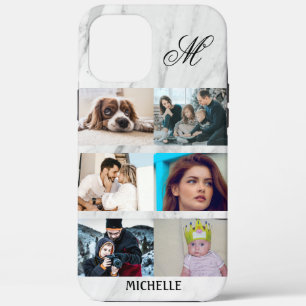 Custom 6 Photo Collage Monogram Name White Marble  iPhone 12 Pro Max Case