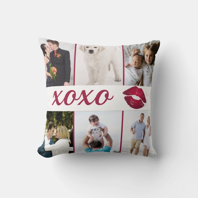 Custom 6 Photo Collage XOXO Burgundy Lips Throw Pillow (Front)
