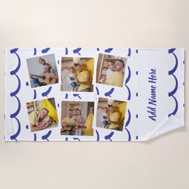 Custom 6 photo frames with personalized text beach towel (Front)