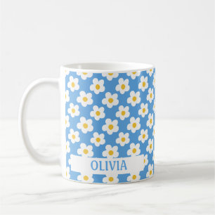 Custom 70s Groovy Daisy Retro Floral Boho Blue Coffee Mug