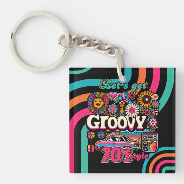 Custom 70's Retro Disco Birthday Boogie Groovy  Keychain (Front)