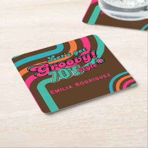 Custom 70's Retro Disco Birthday Boogie Groovy  Square Paper Coaster
