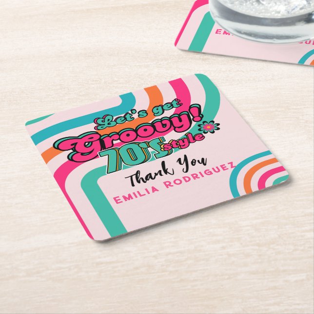 Custom 70's Retro Disco Birthday Boogie Groovy  Square Paper Coaster (Angled)