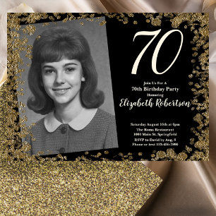 Custom 70th Photo Black and Gold Sequins Invitation
