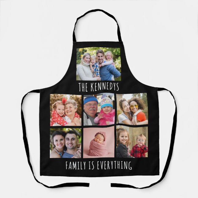 Custom 7 Photo Collage Family Name Quote Black Apron (Front)