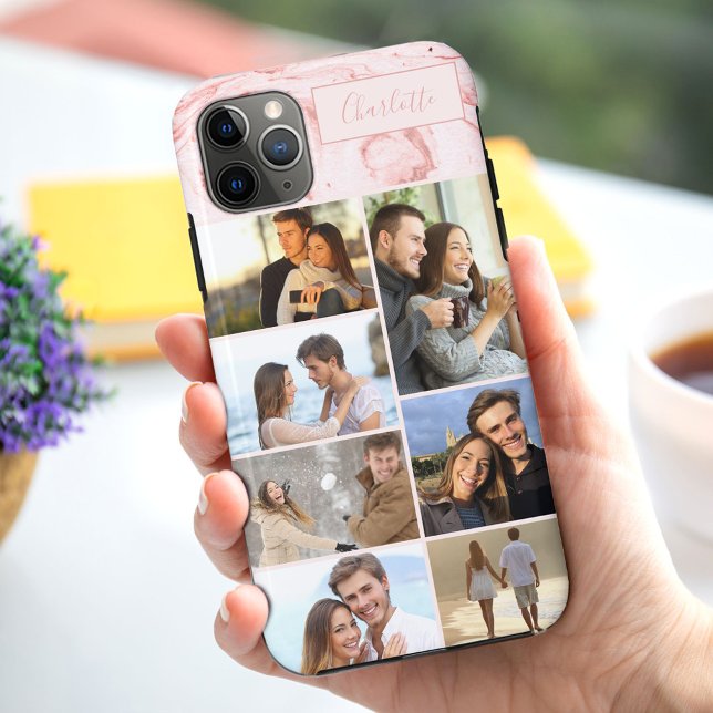 Custom 7 Photo Collage on Pink Marble Case-Mate iPhone Case (Creator Uploaded)