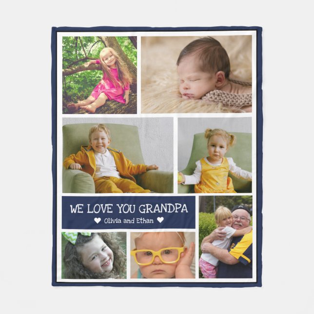 Custom 7 Photo Collage We Love You Grandpa Blue  Fleece Blanket (Front)