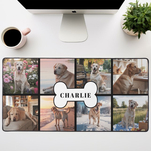 Custom 8 Photo Collage Dog Bone Pet Black Desk Mat (Creator Uploaded)