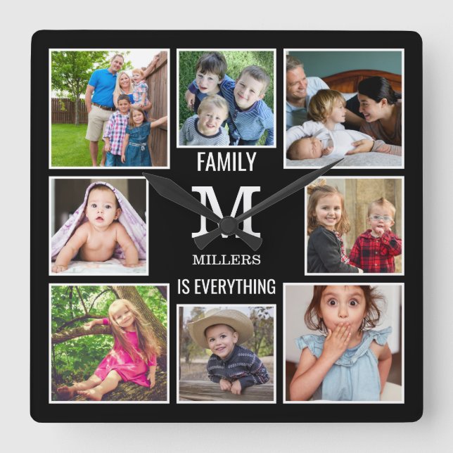 Custom 8 Photo Collage Family Monogram Black Square Wall Clock (Front)