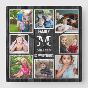 Custom 8 Photo Collage Family Monogram Black Wood Square Wall Clock
