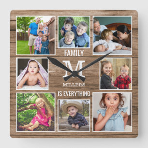 Custom 8 Photo Collage Family Monogram Rustic Wood Square Wall Clock
