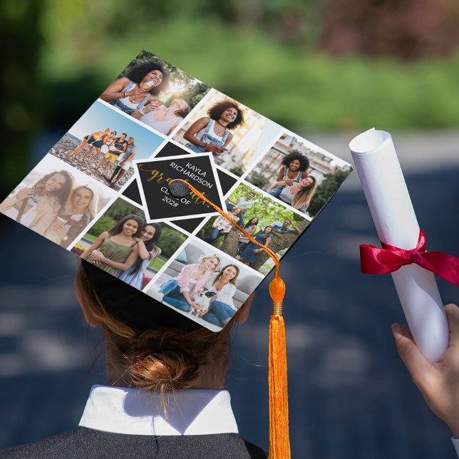 Custom 8 Photo Collage Grid Gold Graduate Graduation Cap Topper (Creator Uploaded)
