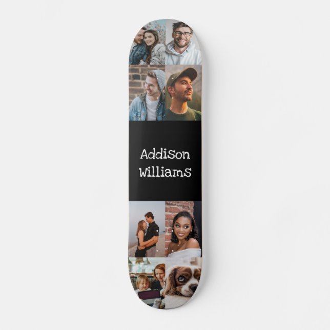 Custom 8 Photo collage Personalized Name Black Skateboard (Front)