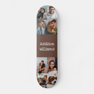 Custom 8 Photo collage Personalized Name Brown Skateboard