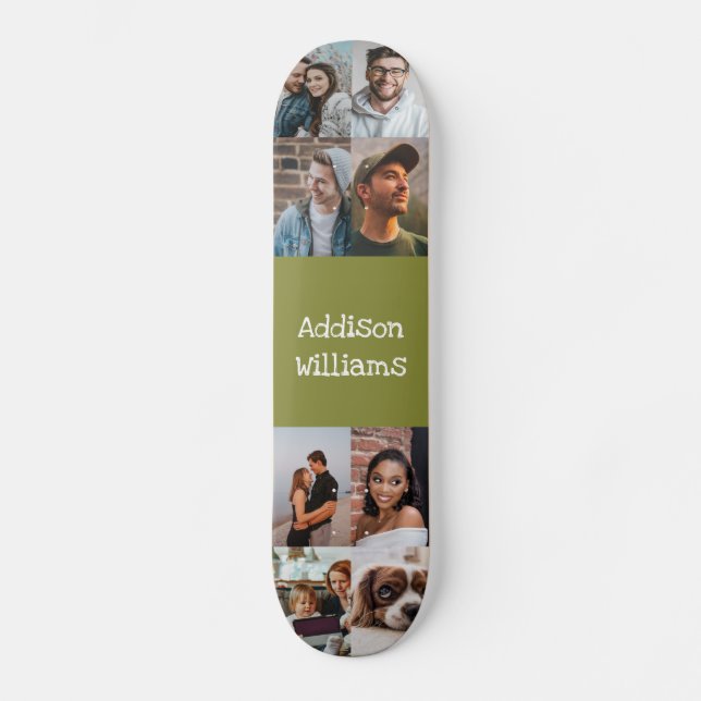 Custom 8 Photo collage Personalized Name green Skateboard (Front)