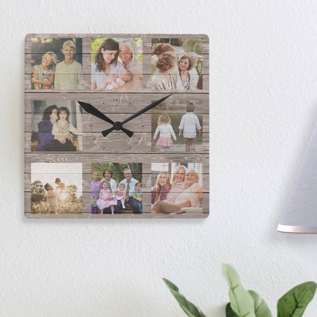 Custom 8 Photo Collage Rustic Farmhouse Reclaimed Square Wall Clock (Creator Uploaded)