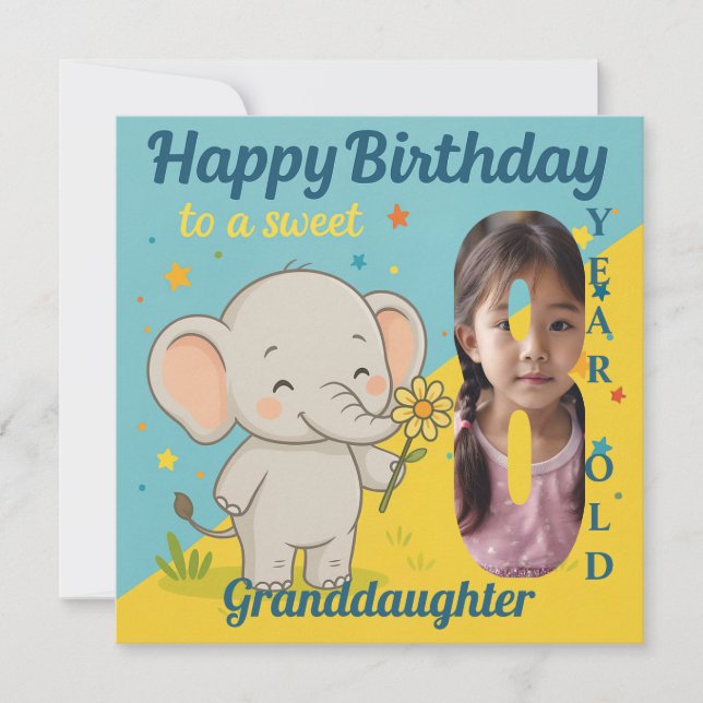Custom 8th Birthday Elephant Sweet Your Photo Card (Front)