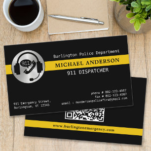 Custom 911 Dispatcher Logo Thin Gold Line QR Code Business Card
