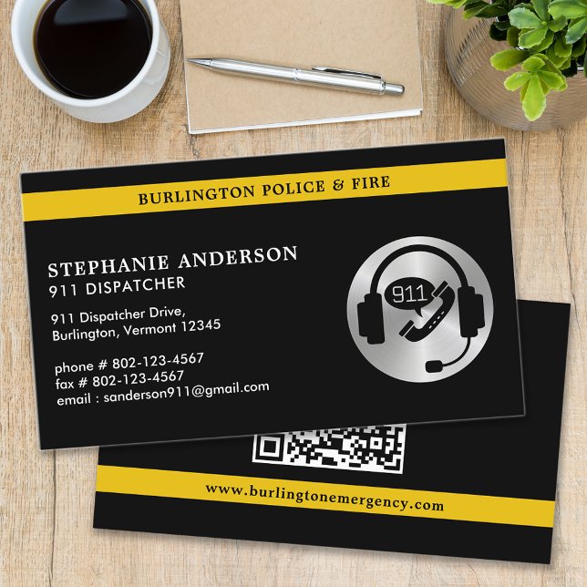 Custom 911 Dispatcher Thin Gold Line Logo QR Code Business Card (Creator Uploaded)
