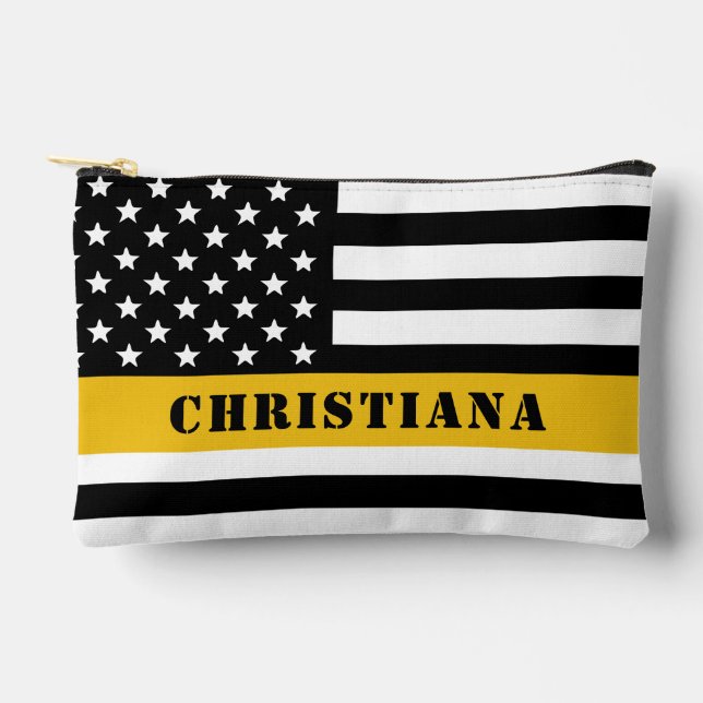 Custom 911 Dispatcher USA Flag Thin Gold Line Accessory Pouch (Front)