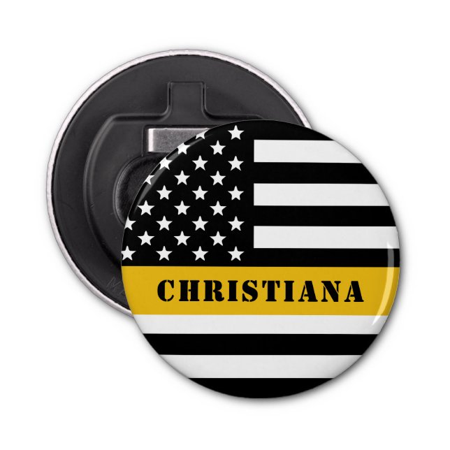 Custom 911 Dispatcher USA Flag Thin Gold Line Bottle Opener (Front)