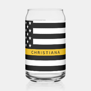 Custom 911 Dispatcher USA Flag Thin Gold Line Can Glass
