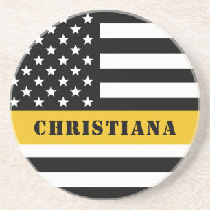 Custom 911 Dispatcher USA Flag Thin Gold Line Coaster