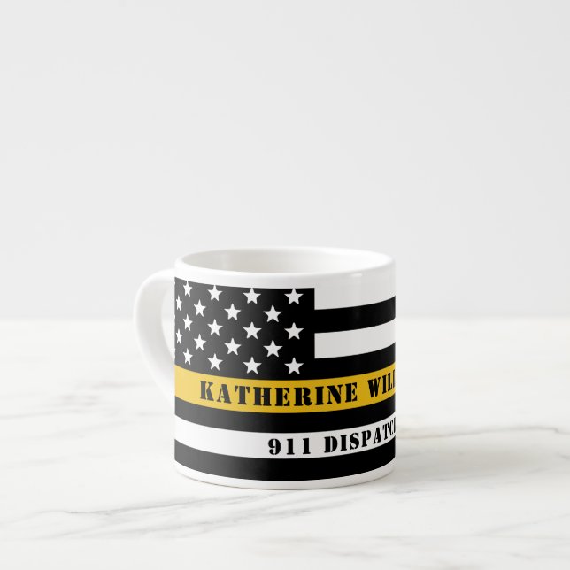 Custom 911 Dispatcher USA Flag Thin Gold Line Espresso Cup (Front Left)