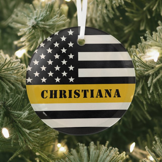 Custom 911 Dispatcher USA Flag Thin Gold Line Glass Ornament (Insitu)
