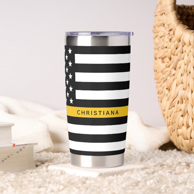Custom 911 Dispatcher USA Flag Thin Gold Line Insulated Tumbler (Living Room)