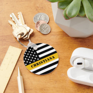 Custom 911 Dispatcher USA Flag Thin Gold Line Keychain