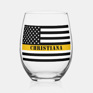 Custom 911 Dispatcher USA Flag Thin Gold Line Stemless Wine Glass