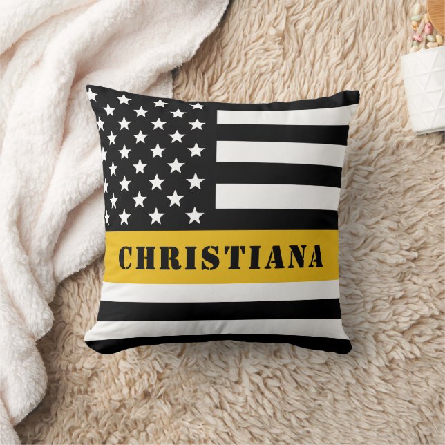 Custom 911 Dispatcher USA Flag Thin Gold Line Throw Pillow (Blanket)