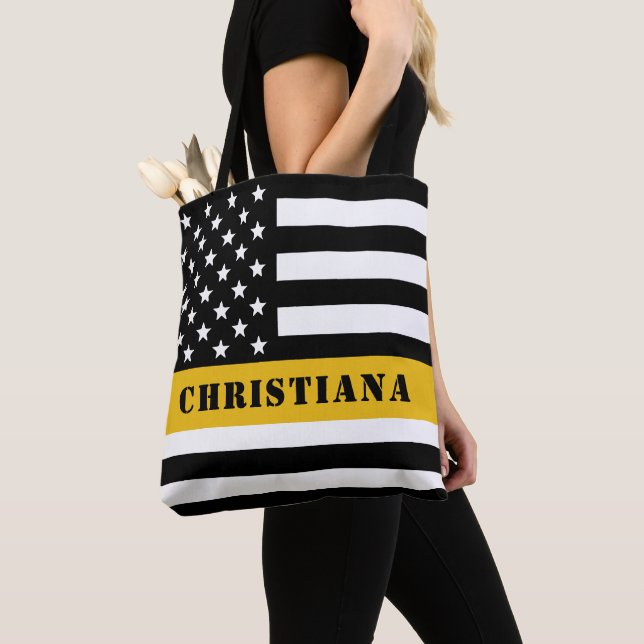 Custom 911 Dispatcher USA Flag Thin Gold Line Tote Bag (Close Up)
