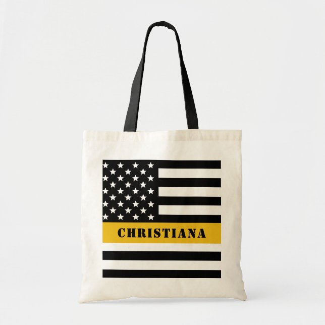Custom 911 Dispatcher USA Flag Thin Gold Line Tote Bag (Front)